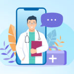 Online doctor consultation, diagnostics, advice or support of patient over the internet, video call on mobile phone. Flat design concept healthcare application for website. Medical health service.